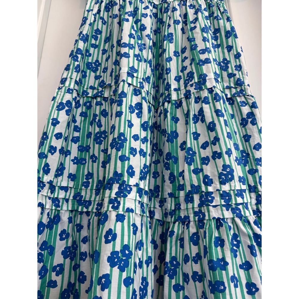 Anthropologie Floral Striped Tiered Maxi Dress Cotton Blue Green White Size L - Picture 7 of 11